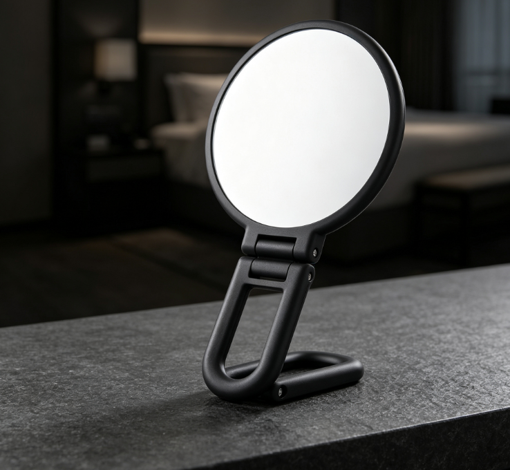 Black Portable Double-Sided Makeup Mirror (Hanging/Standing) with Foldable Stand