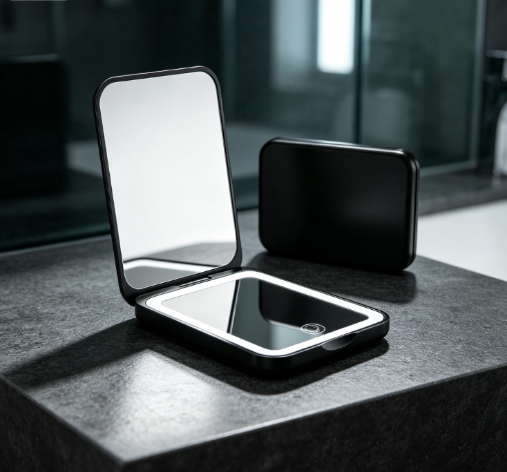 Black Clamshell Double-Sided LED Light-Up Compact Mirror – Portable Pocket Mirror - Image 2