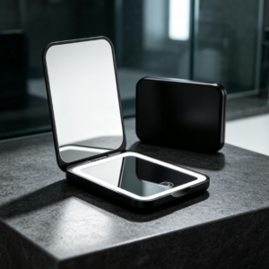 Black Clamshell Double-Sided LED Light-Up Compact Mirror – Portable Pocket Mirror