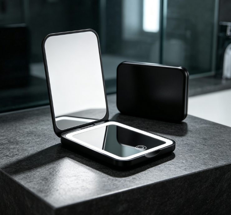 Black Clamshell Double-Sided LED Light-Up Compact Mirror – Portable Pocket Mirror