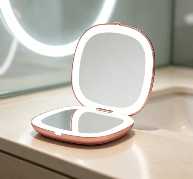 Rose Gold Rounded-Corner Clamshell LED Makeup Mirror - Image 2
