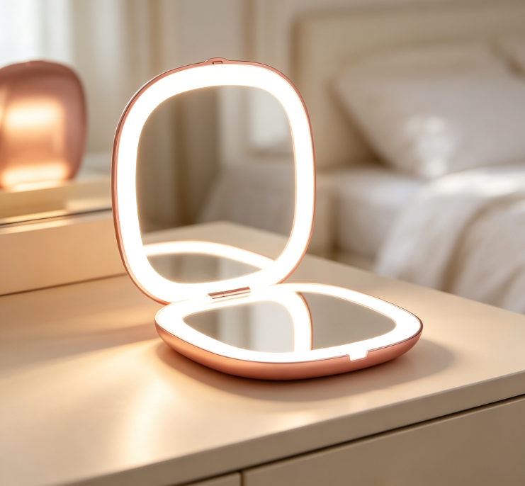 Rose Gold Rounded-Corner Clamshell LED Makeup Mirror
