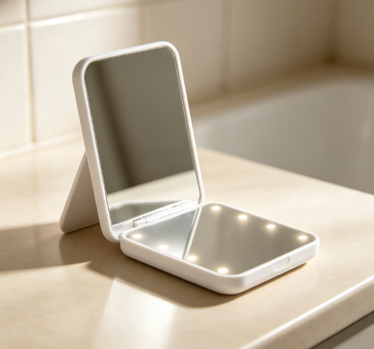 White Clamshell Portable Makeup Mirror with Dot-Matrix LED Light - Image 2