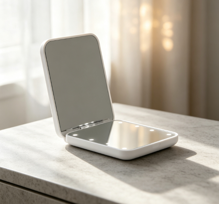 White Clamshell Portable Makeup Mirror with Dot-Matrix LED Light