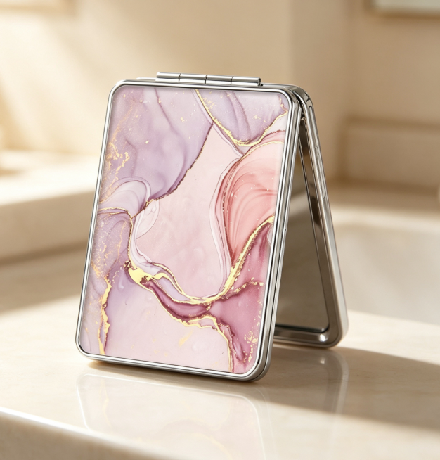 Pink-Purple Marble-Patterned Dual-Sided Compact Mirror - Image 2