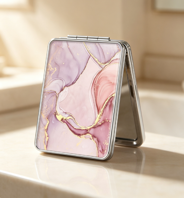 Pink-Purple Marble-Patterned Dual-Sided Compact Mirror