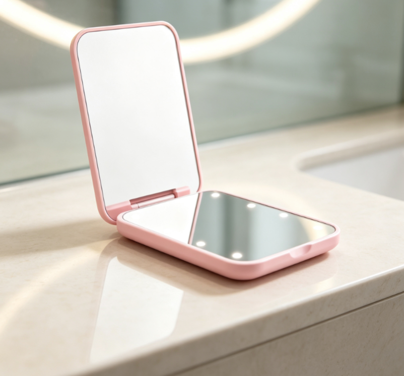Pink Clamshell LED Makeup Mirror with Dot-Matrix Lighting