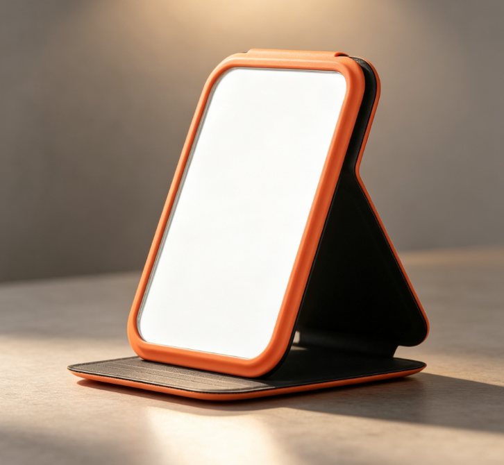 Portable Makeup Mirror with Orange-Trimmed Folding Leather Case – Desktop Stand-Up Mirror - Image 2
