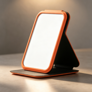 Portable Makeup Mirror with Orange-Trimmed Folding Leather Case – Desktop Stand-Up Mirror