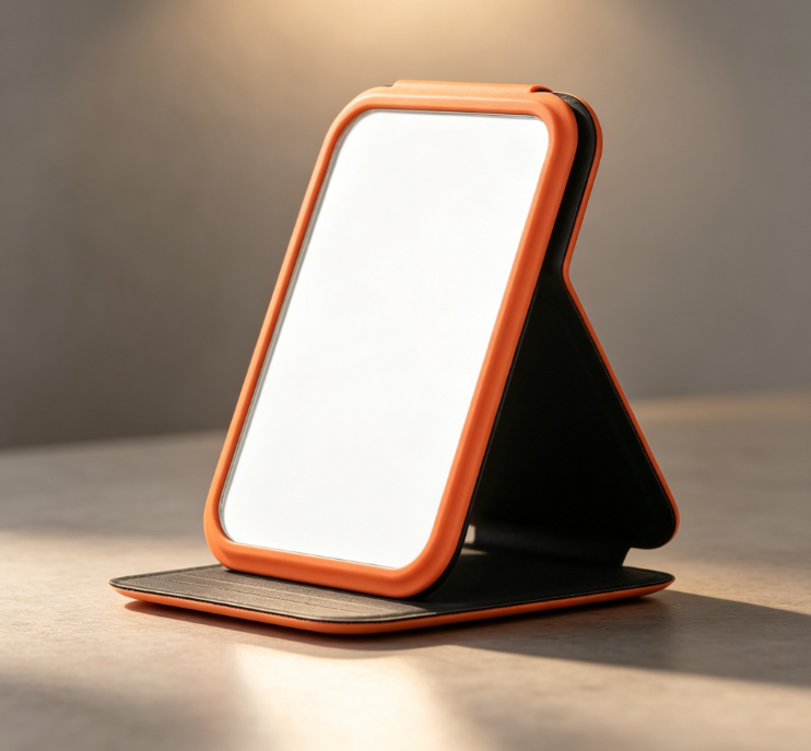 Portable Makeup Mirror with Orange-Trimmed Folding Leather Case – Desktop Stand-Up Mirror