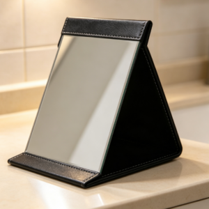 Black PU Foldable Tabletop Makeup Mirror with Stitching