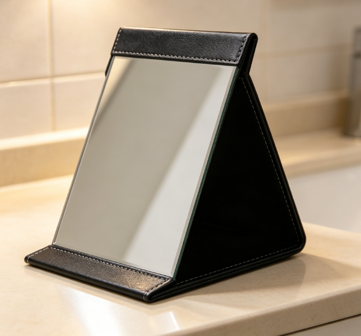 Black PU Foldable Tabletop Makeup Mirror with Stitching