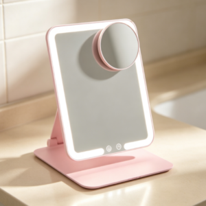 Pink LED Makeup Mirror with Stand & Detachable Magnifying Mirror