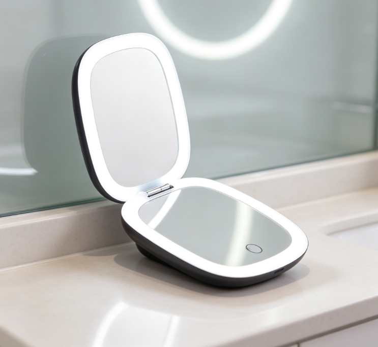 Black Rounded-Corner Clamshell Double-Sided LED Makeup Mirror