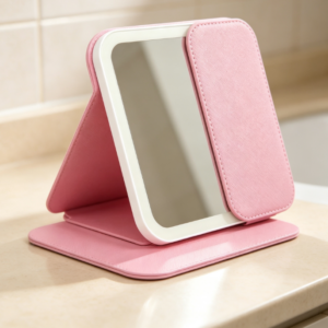 Pink Fabric-Textured PU Folding Makeup Mirror with Stand