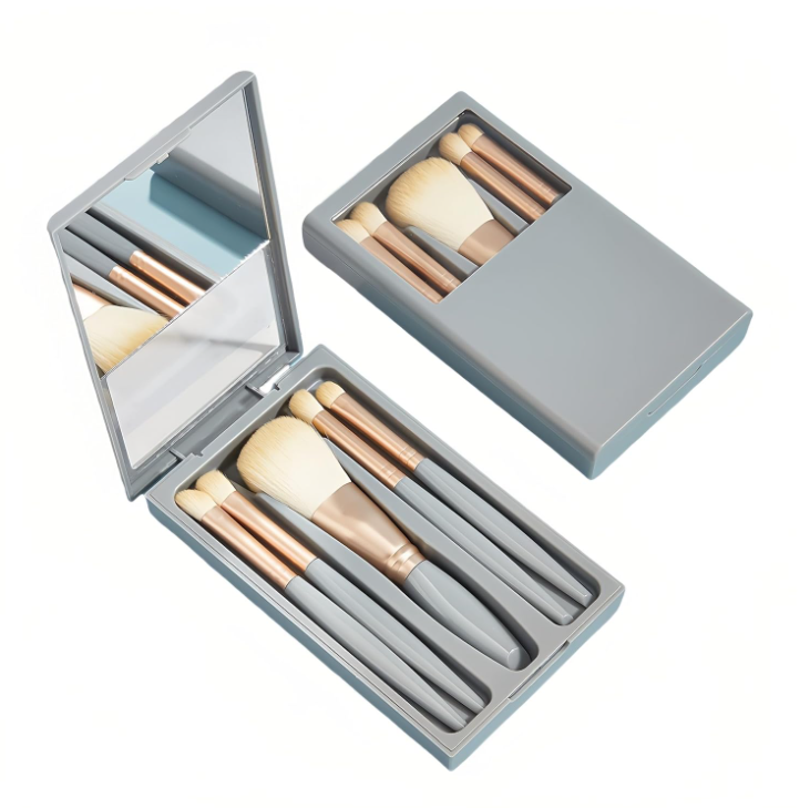 Grey Makeup Brush Storage Case Set with Mirror – Portable Touch-up Mirror & Brush Combo - Image 2