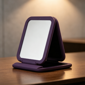 Portable Foldable Makeup Mirror with Purple Silicone Rim