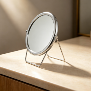 Round Metal Double-Sided Tabletop Makeup Mirror with Adjustable Stand