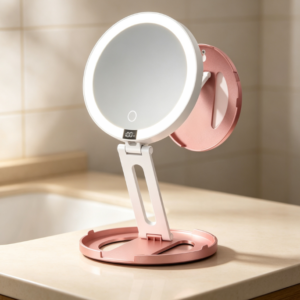 Foldable Stand LED Ring Makeup Mirror with Digital Display