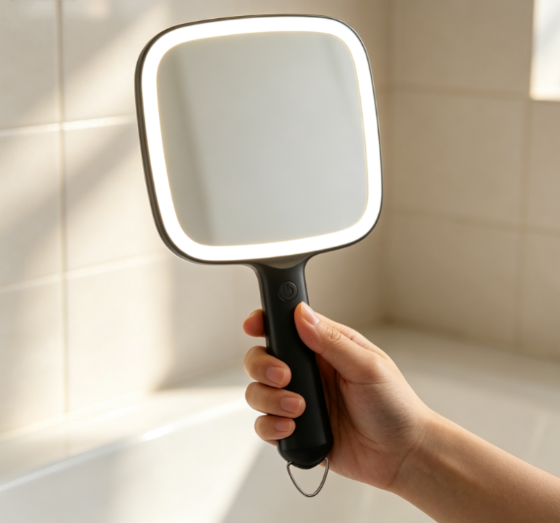 Black Square Handheld LED Makeup Mirror with Hanging Loop Handle