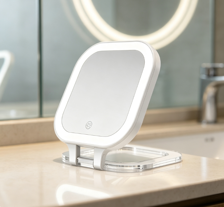 White Square Foldable LED Makeup Mirror with Transparent Base - Image 2