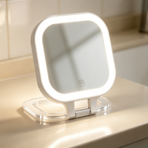 White Square Foldable LED Makeup Mirror with Transparent Base