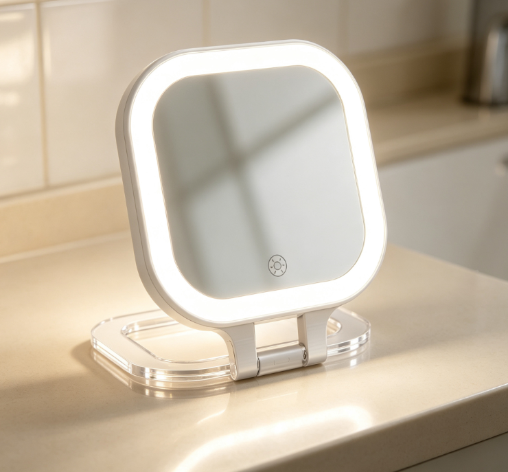 White Square Foldable LED Makeup Mirror with Transparent Base