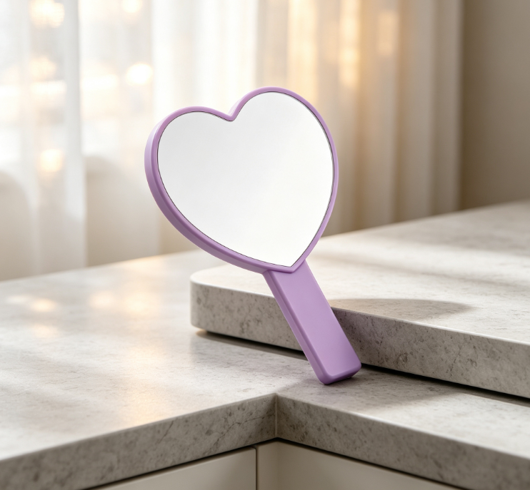 Purple Heart-Shaped Handheld Makeup Mirror – Girly-Style Vanity Mirror - Image 2