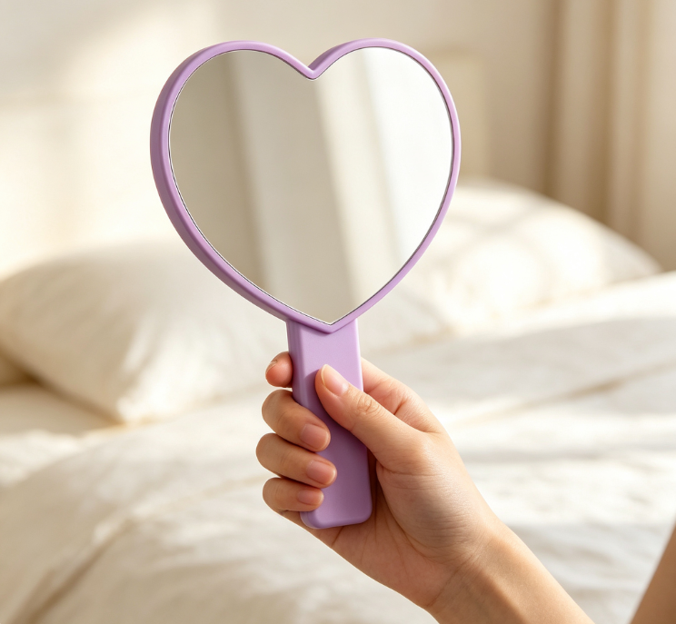 Purple Heart-Shaped Handheld Makeup Mirror – Girly-Style Vanity Mirror