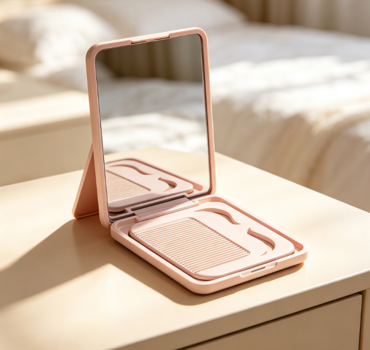 Pink Flip-Top Makeup Mirror with Storage Slot (Includes Comb Slot) - Image 2
