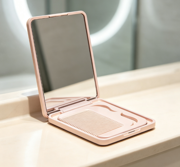 Pink Flip-Top Makeup Mirror with Storage Slot (Includes Comb Slot)