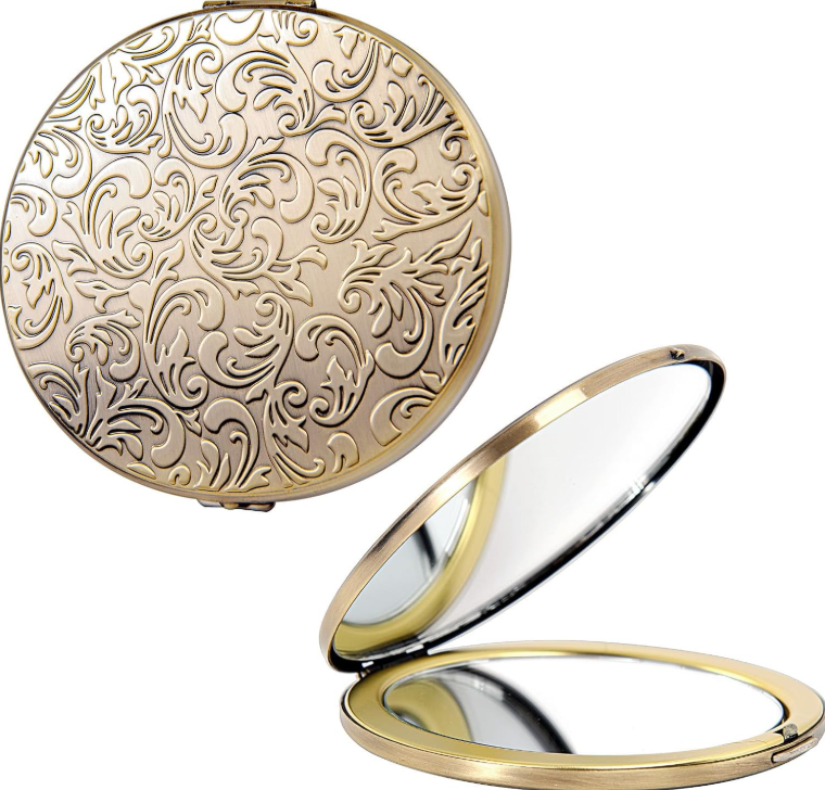 Bronze-Finish Vintage Pattern Double-Sided Folding Compact Mirror – Portable Round Touch-Up Mirror