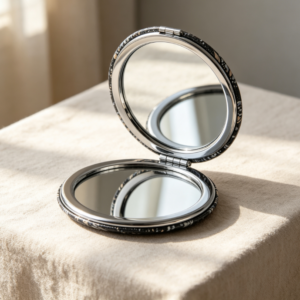 Round Double-Sided Folding Compact Mirror (Floral Pattern on Black Background)
