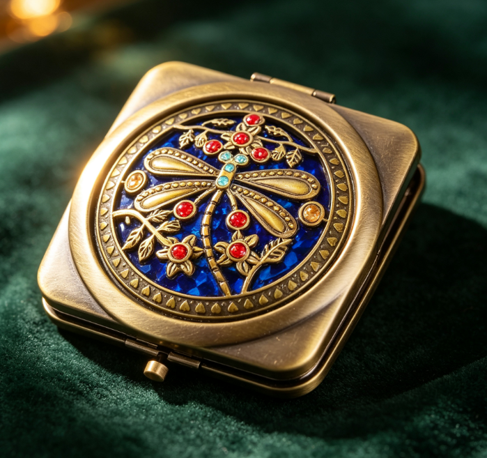 Vintage-Style Dragonfly Relief Square Metal Compact Mirror - Image 2