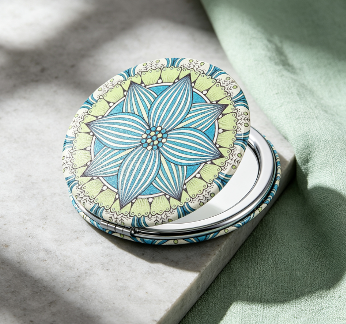 Round Double-Sided Portable Makeup Mirror with Mandala Floral Print - Image 2