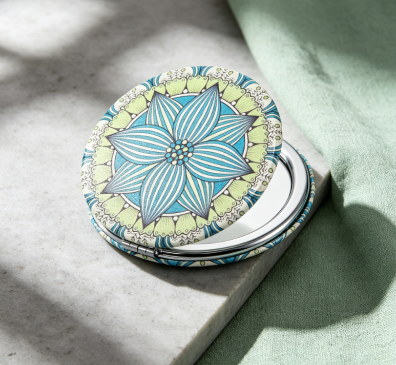 Round Double-Sided Portable Makeup Mirror with Mandala Floral Print