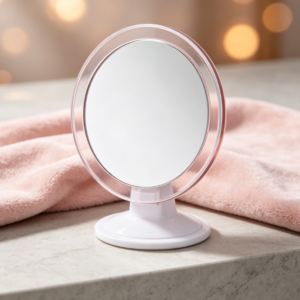 Round Double-Sided Tabletop Makeup Mirror with Transparent Pink Frame