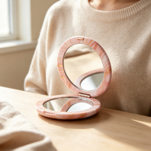 Rose Gold Marble-Patterned Round Double-Sided Compact Mirror