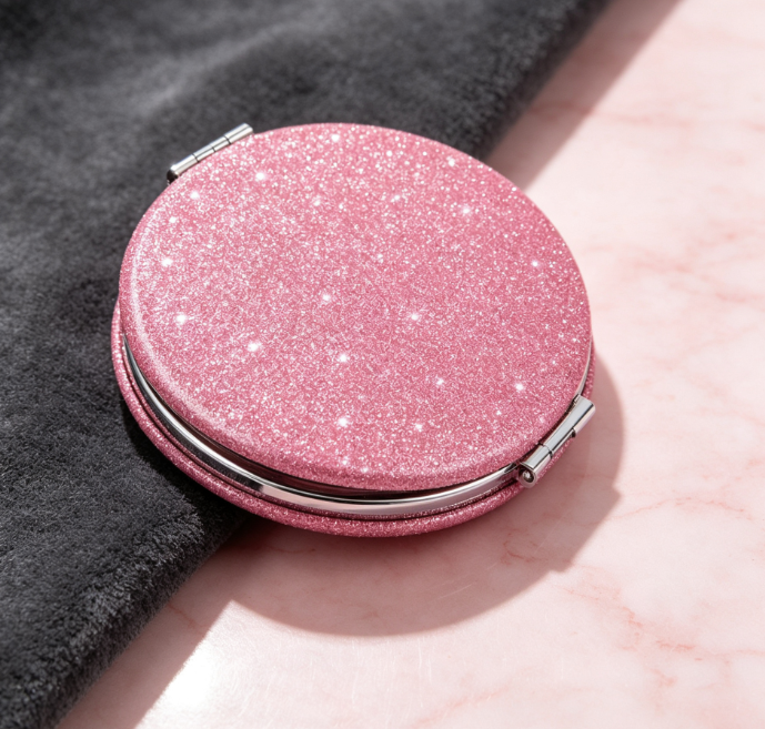 Pink Glitter Round Clamshell Makeup Mirror – Double-Sided HD Pocket Mirror - Image 2