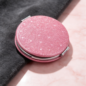Pink Glitter Round Clamshell Makeup Mirror – Double-Sided HD Pocket Mirror