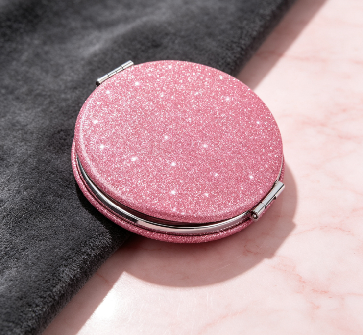 Pink Glitter Round Clamshell Makeup Mirror – Double-Sided HD Pocket Mirror