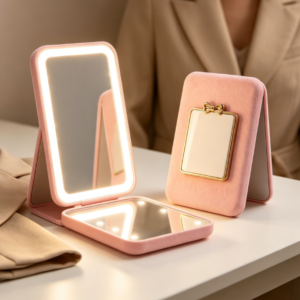 Pink Velvet Bow LED Foldable Makeup Mirror with Fill Light