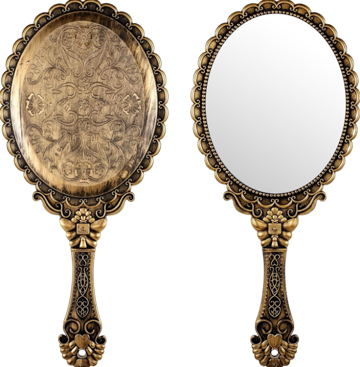Antique Bronze European-Style Carved Handheld Makeup Mirror – Vintage Portable Vanity Mirror