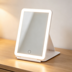White LED Ring-Light Makeup Mirror with Foldable Stand – Portable Vanity Mirror