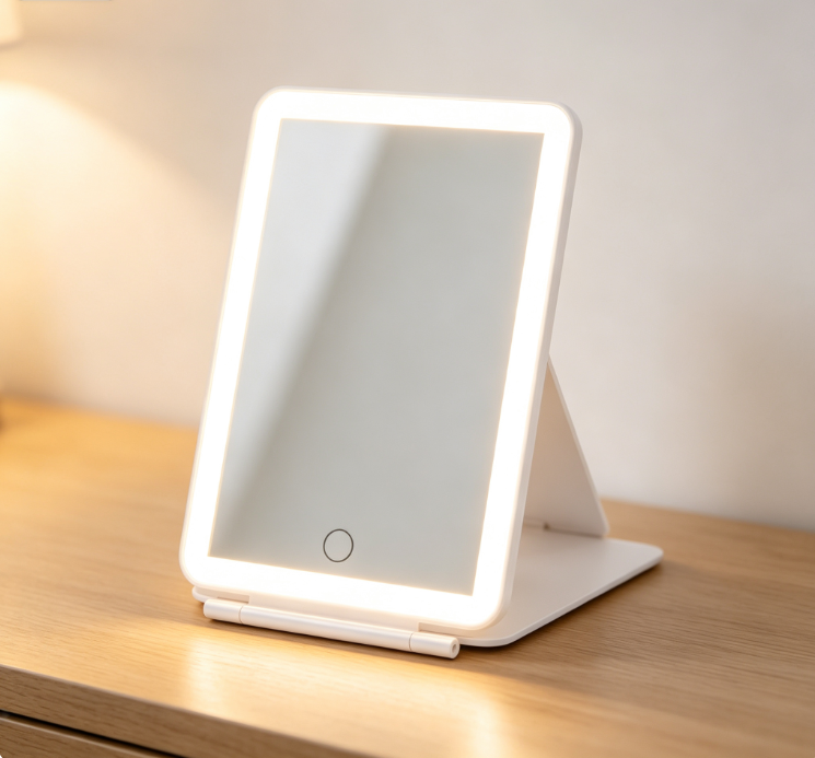 White LED Ring-Light Makeup Mirror with Foldable Stand – Portable Vanity Mirror